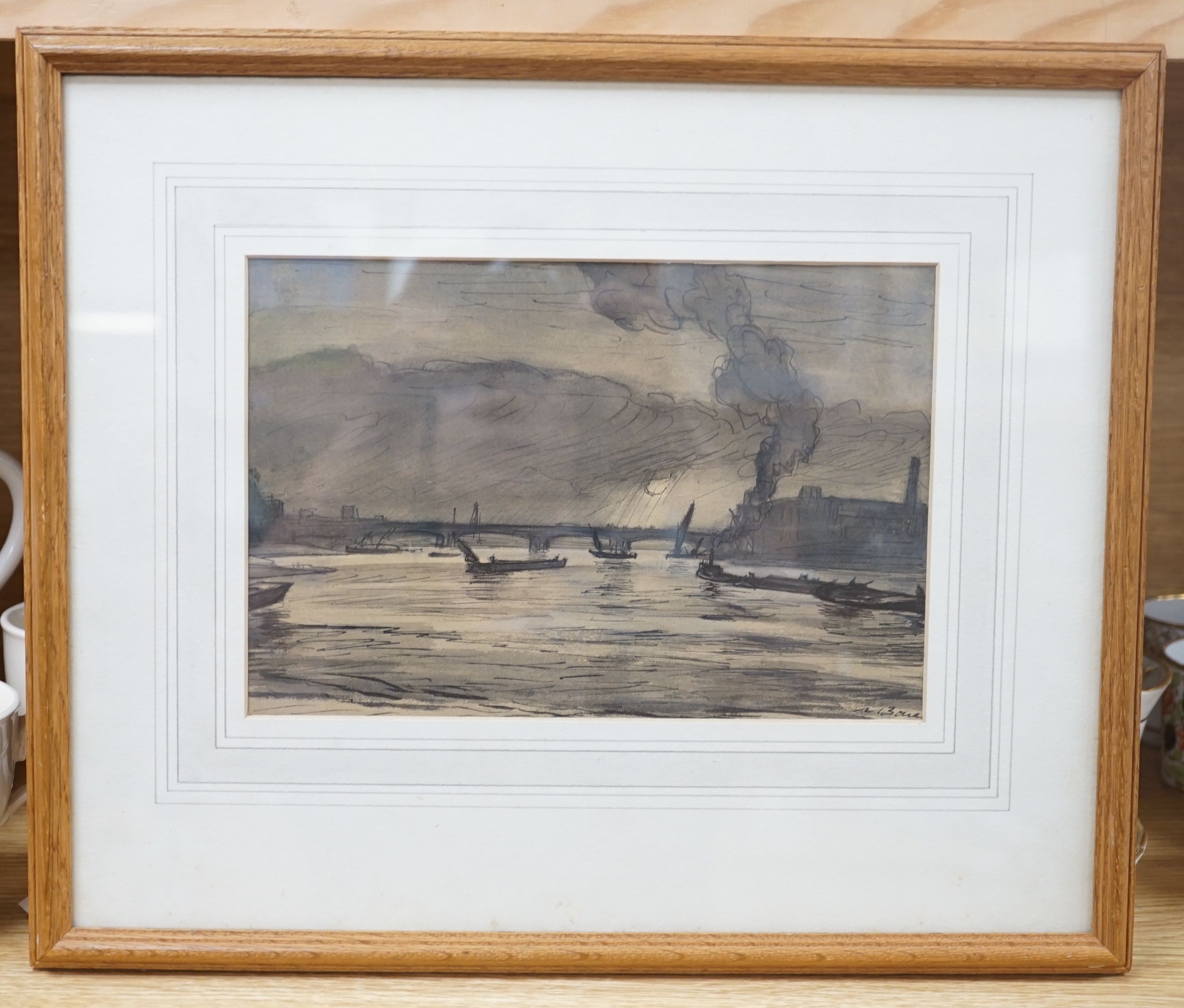 Sir Muirhead Bone (1876-1953), The Thames at Vauxhall, ink and wash, signed, 15.5 x 25cm